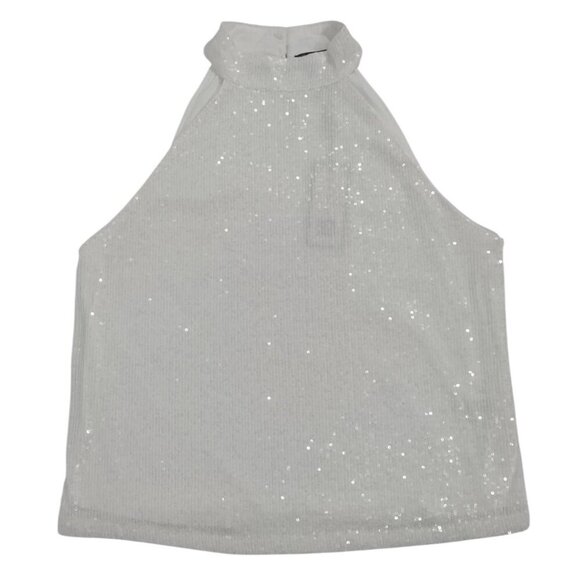 Sparkly White Sequin Halter Top With Button Closure & Open Back Design. L/G NWT. - Picture 1 of 9